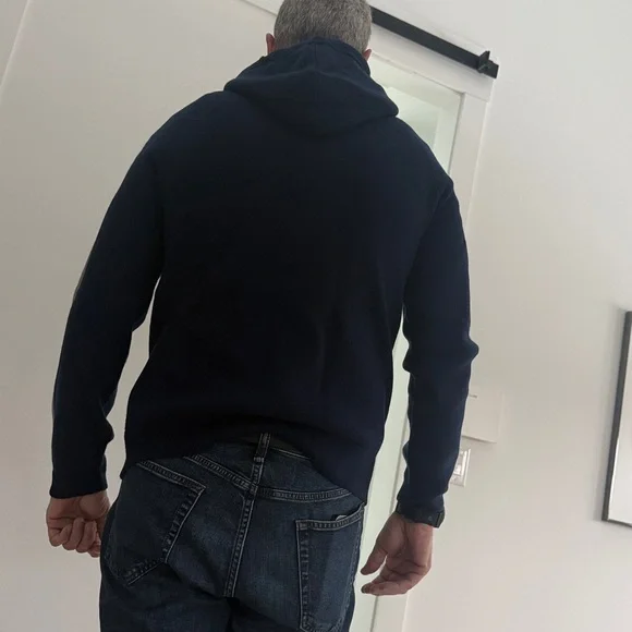 Theory Navy Hoodie Sweater with Gray Stripes